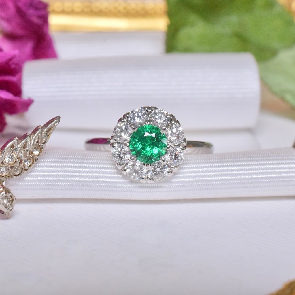 Superb Australian Solid Platinum Emerald And Diamond Halo Daisy Ring By Paul Bram - Melbourne