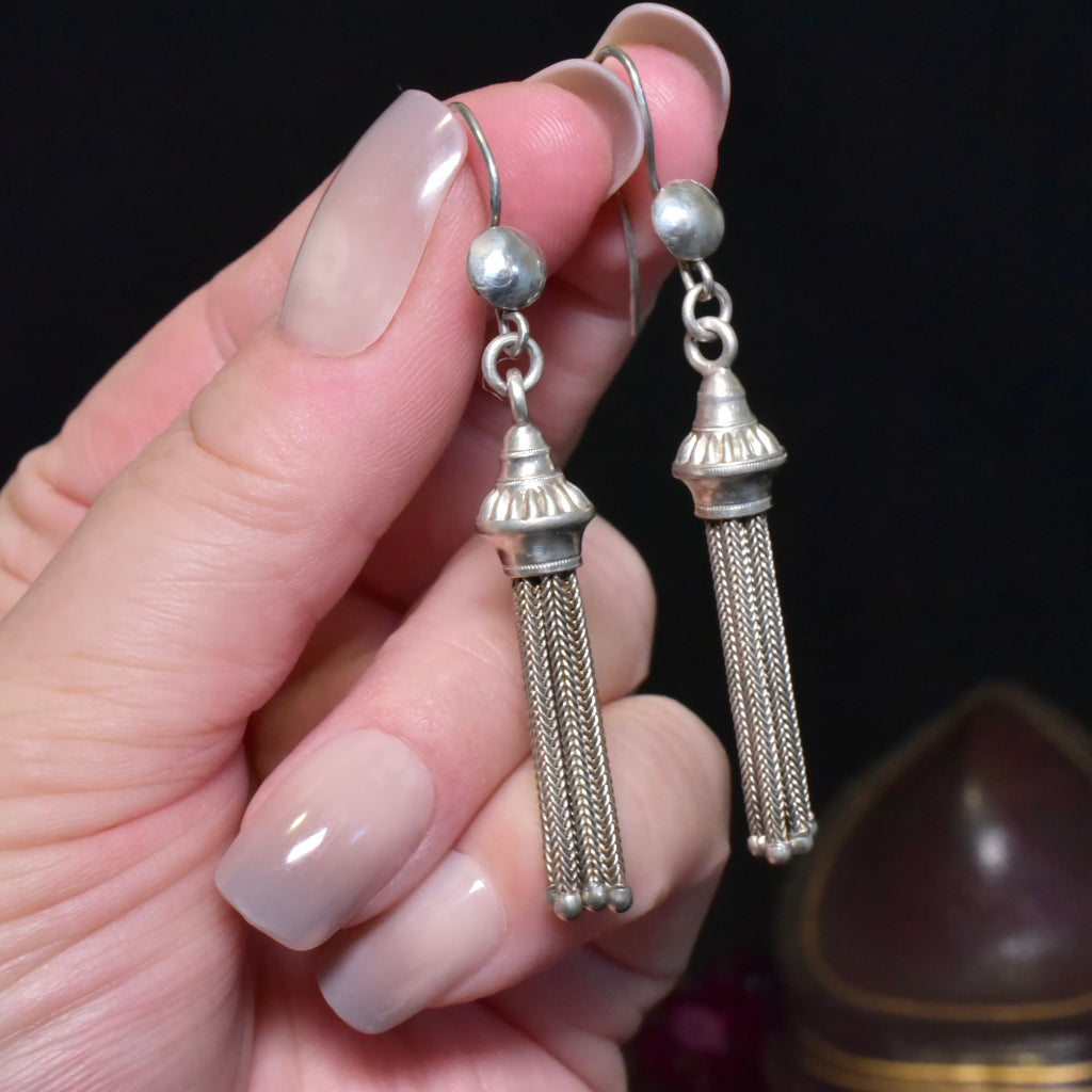 Antique Victorian Continental Silver Long Drop Tassel Earrings Circa 1890