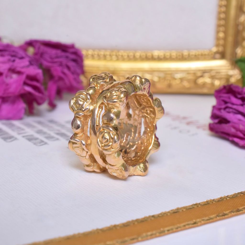 Vintage Italian 14ct Yellow Gold Double Row Floral Ring