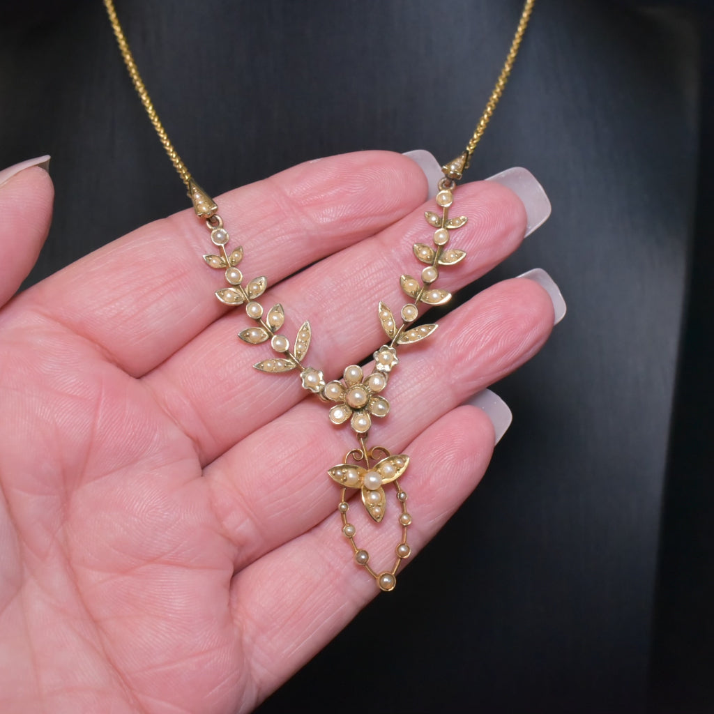 Antique Edwardian 9ct Yellow Gold Seed Pearl Articulated Necklace Circa 1910’s