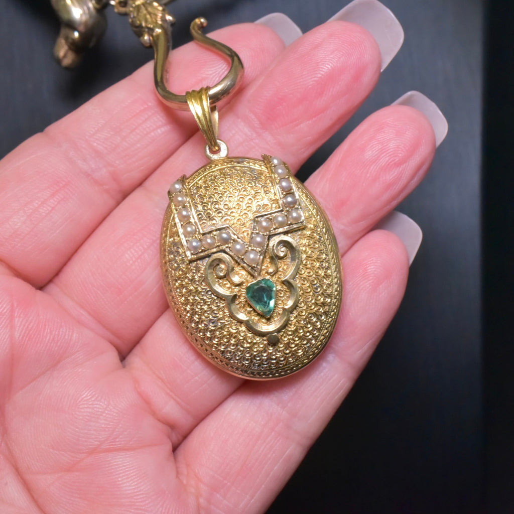 Antique Victorian 12ct Gold Emerald And Seed Pearl Locket Circa 1870’s Included in purchase a Valuation from 2009 for $4000 AUD