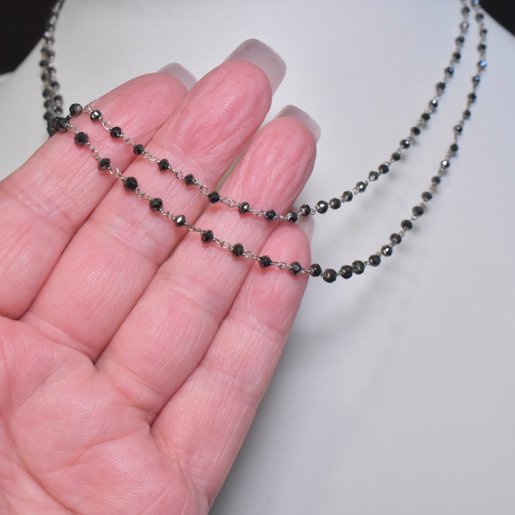 Contemporary 18ct White Gold And Black Diamond Faceted Bead Long Chain - 90cm