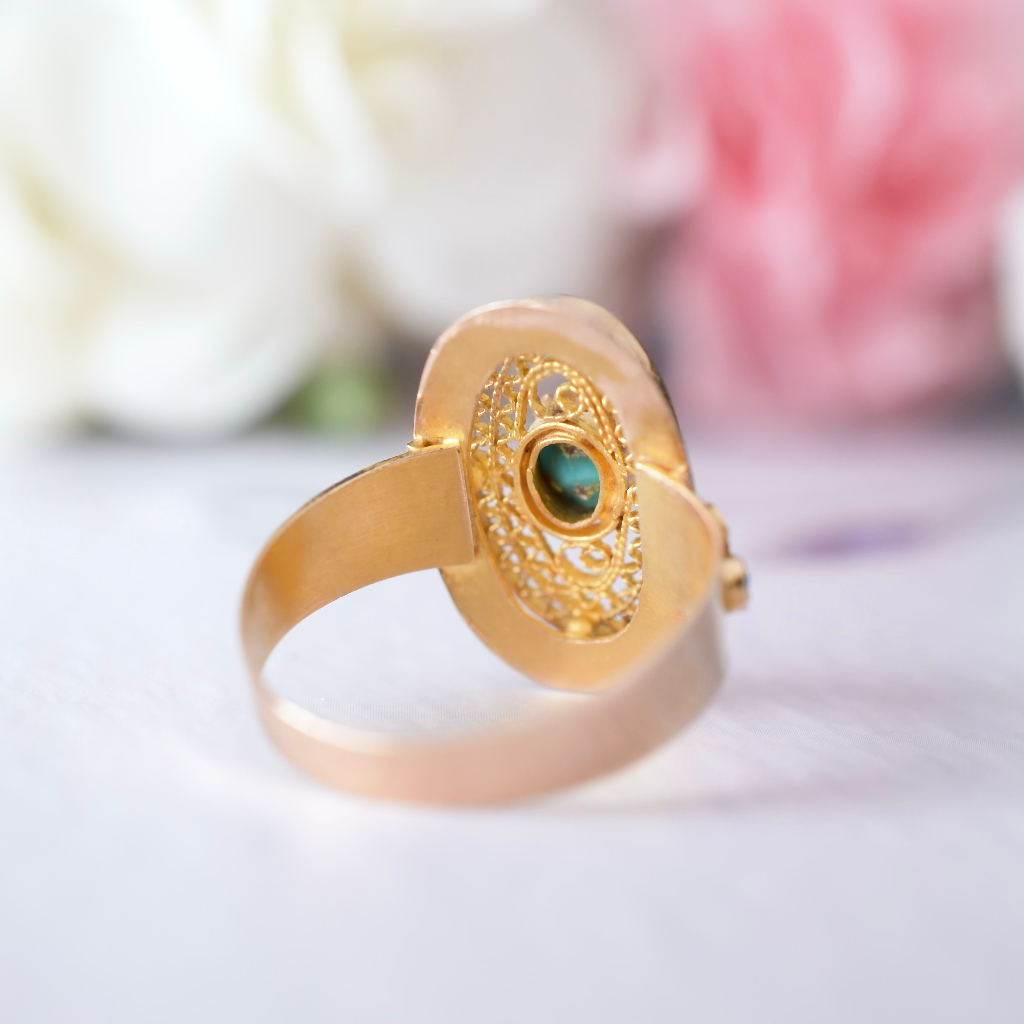 Vintage 18ct Rose Gold Turquoise Filigree Ring