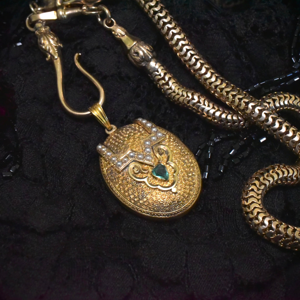 Antique Victorian 12ct Gold Emerald And Seed Pearl Locket Circa 1870’s Included in purchase a Valuation from 2009 for $4000 AUD