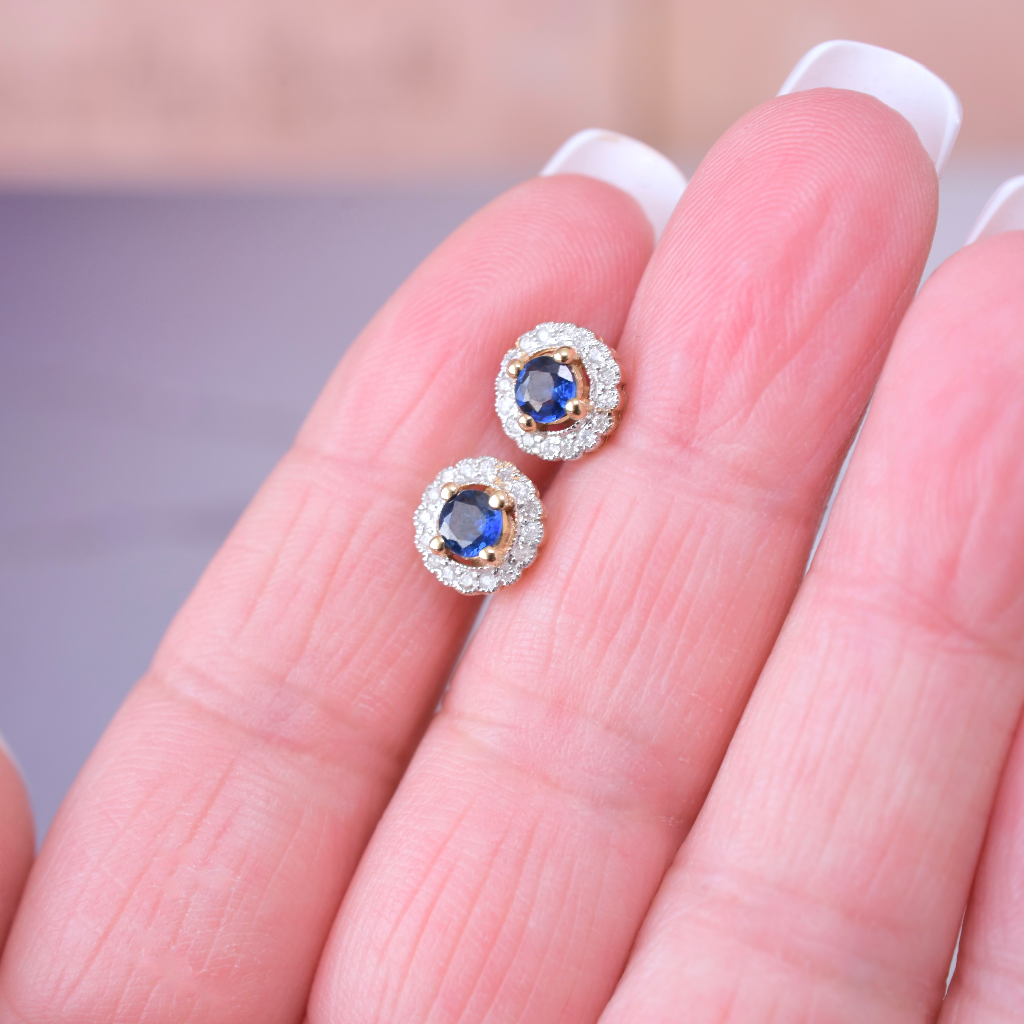 Contemporary 9ct Yellow Gold Sapphire And Diamond Halo Earrings