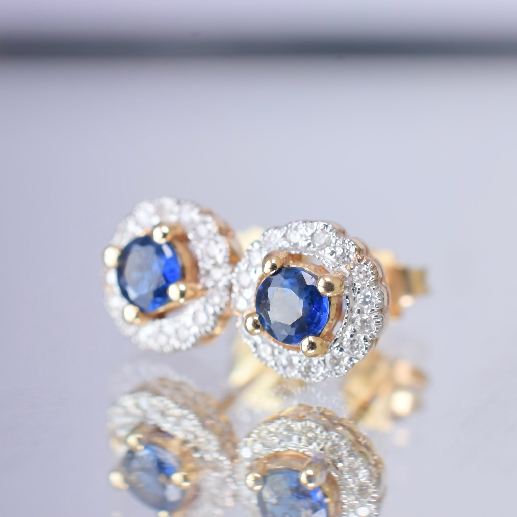Contemporary 9ct Yellow Gold Sapphire And Diamond Halo Earrings
