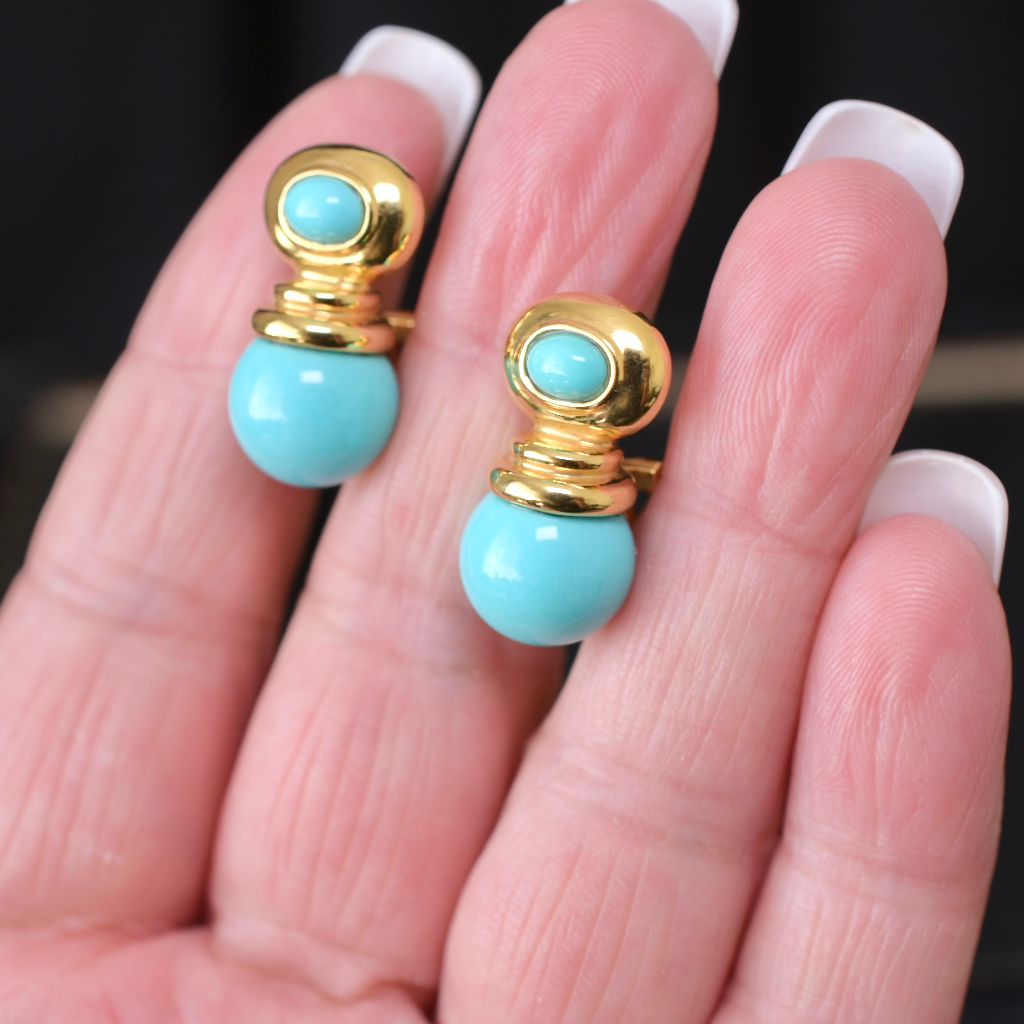 Superb Modern 18ct Yellow Gold And Turquoise Earrings