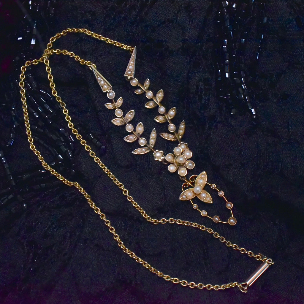 Antique Edwardian 9ct Yellow Gold Seed Pearl Articulated Necklace Circa 1910’s