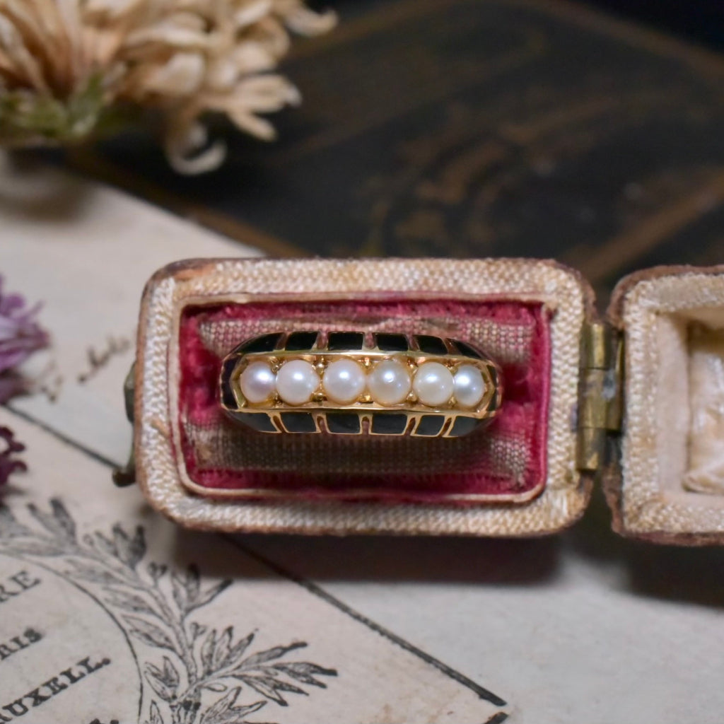 Antique Victorian 18ct Yellow Gold Pearl And Enamel Ring - Birmingham 1879