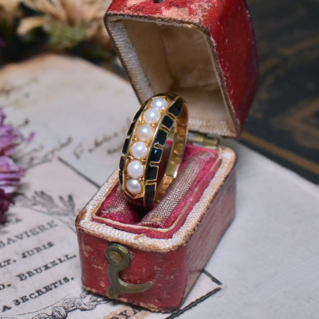 Antique Victorian 18ct Yellow Gold Pearl And Enamel Ring - Birmingham 1879