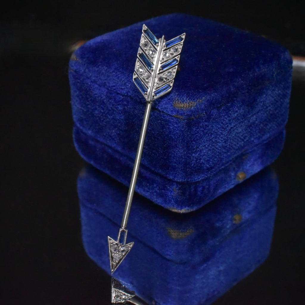 Antique Art Deco 18ct White Gold Diamond And Sapphire ‘Jabot’ Pin Circa 1920’s