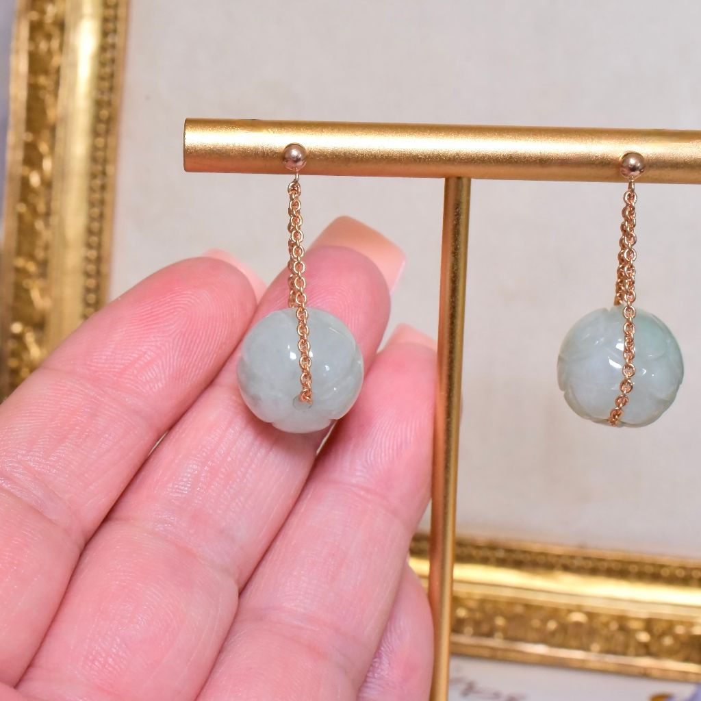 Estate 18ct Rose Gold Carved Jadeite Sphere Earrings