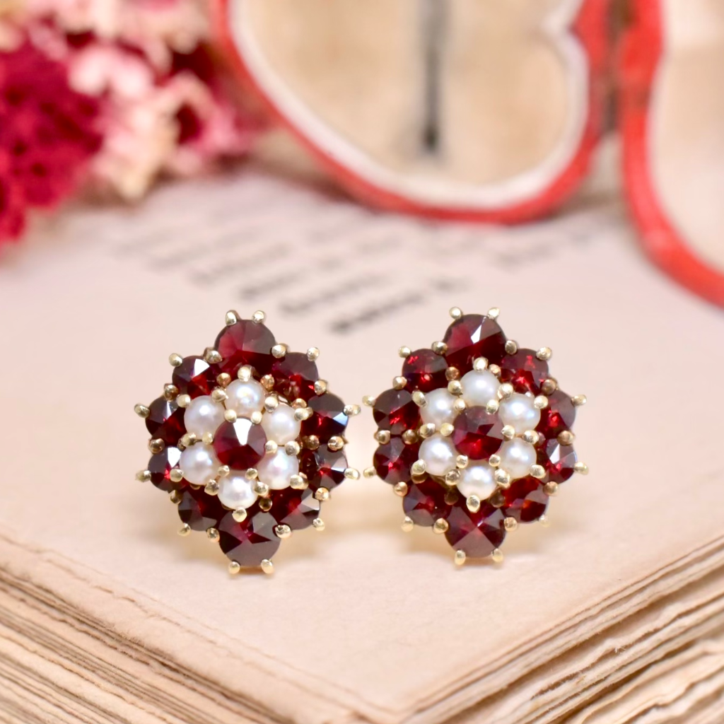 Vintage 14ct Yellow Gold Garnet And Pearl Earrings