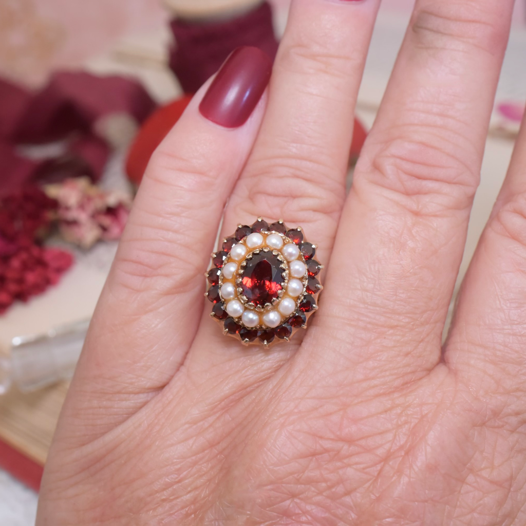 Vintage 9ct Yellow Gold Garnet And Pearl Ring