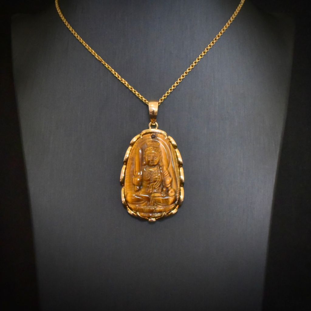 Fabulous Vintage 14ct Yellow Gold Tiger Eye ‘Buddha’ Pendant - 24 Grams