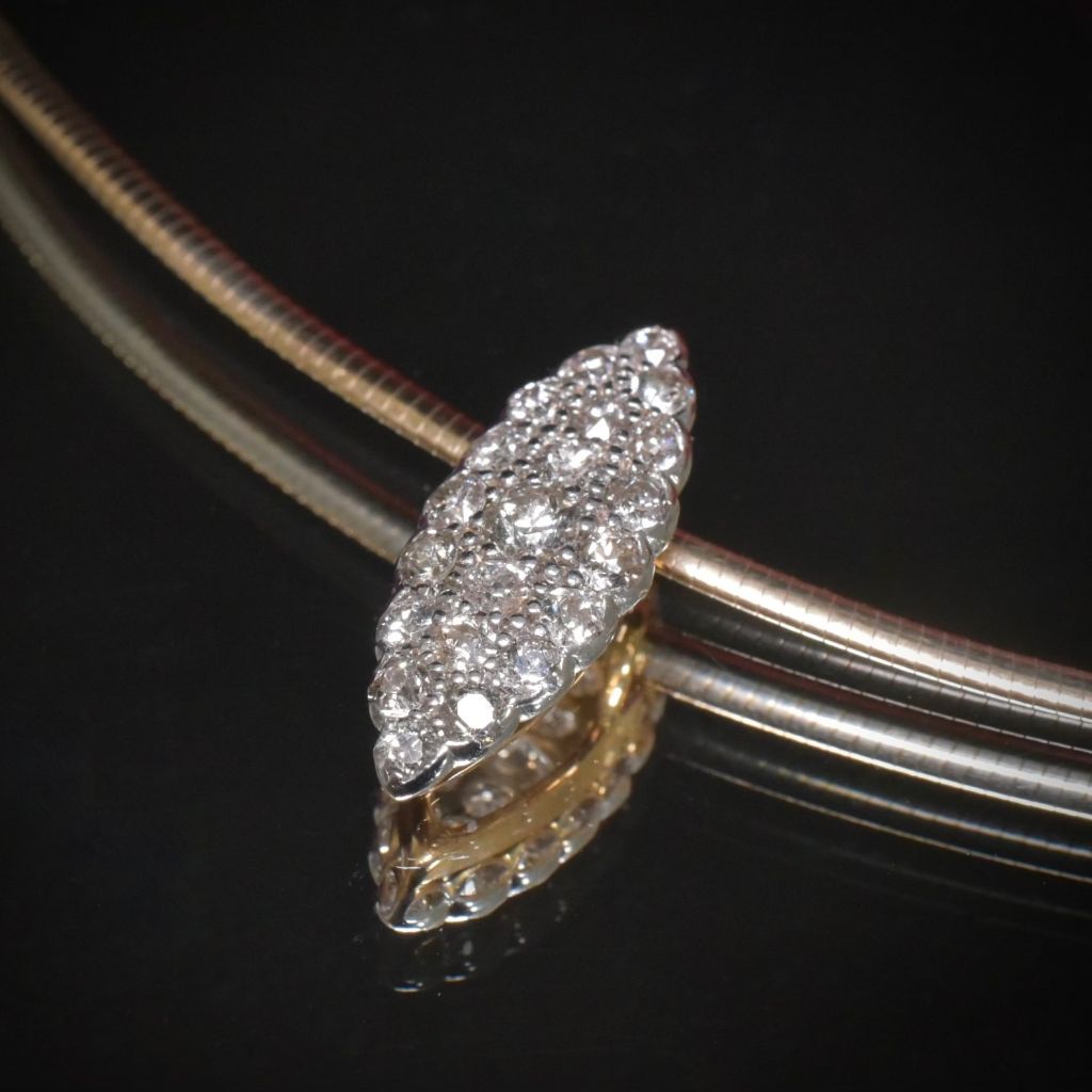 Modern (And Antique) 9ct Omega Chain And Antique 18ct Diamond Marquise Diamond Pendant Necklace