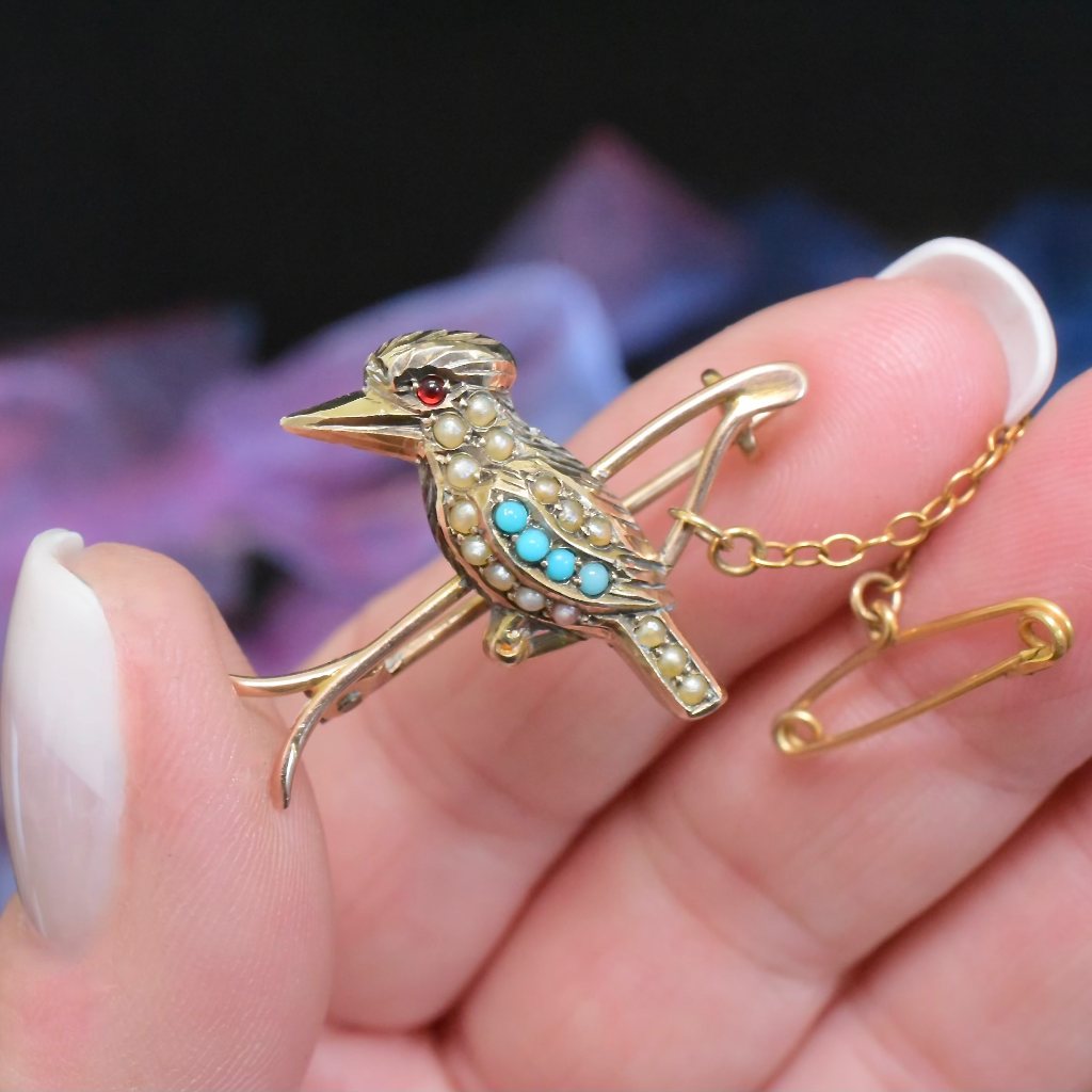 Antique Australian 9ct Rose Gold Kookaburra Brooch By Duggin And Shappere Circa 1910