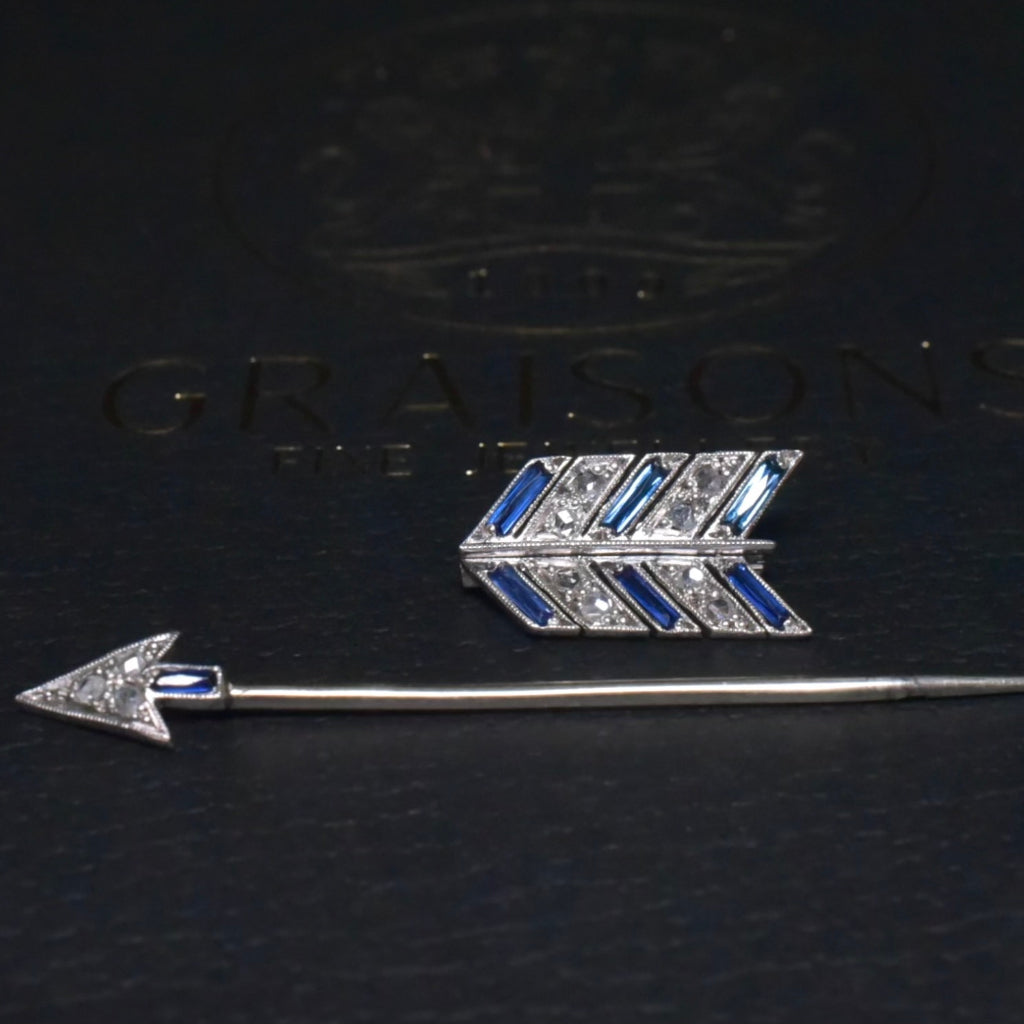 Antique Art Deco 18ct White Gold Diamond And Sapphire ‘Jabot’ Pin Circa 1920’s