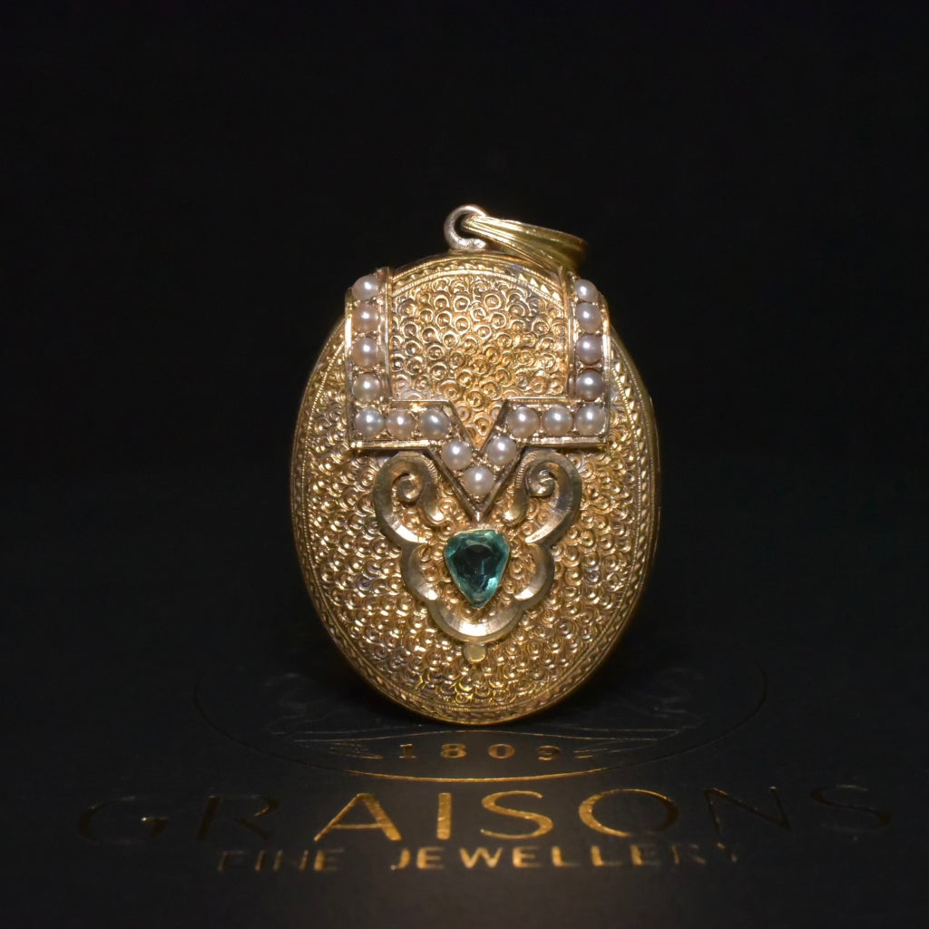 Antique Victorian 12ct Gold Emerald And Seed Pearl Locket Circa 1870’s Included in purchase a Valuation from 2009 for $4000 AUD