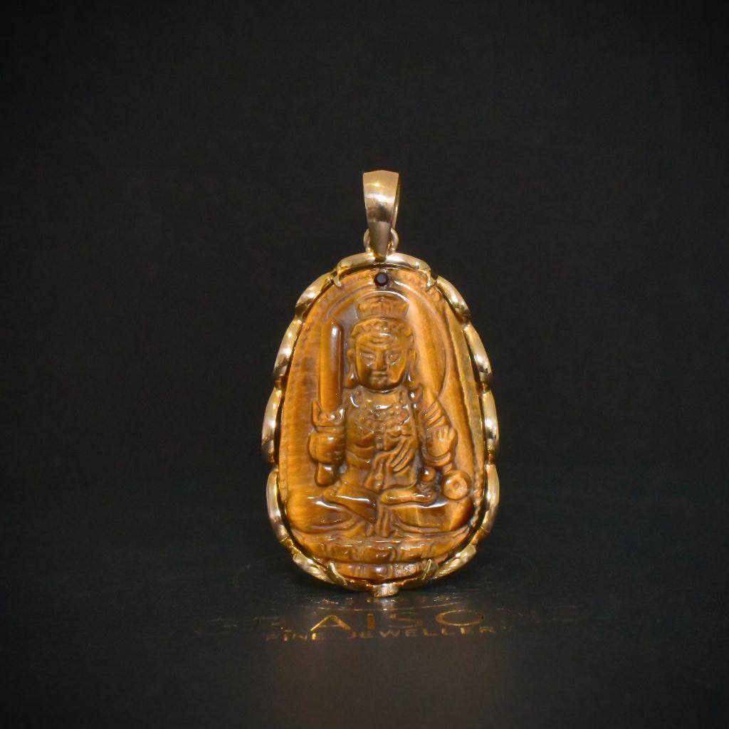 Fabulous Vintage 14ct Yellow Gold Tiger Eye ‘Buddha’ Pendant - 24 Grams