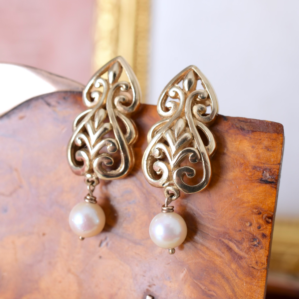 Modern 9ct Yellow Gold And Pearl Earrings