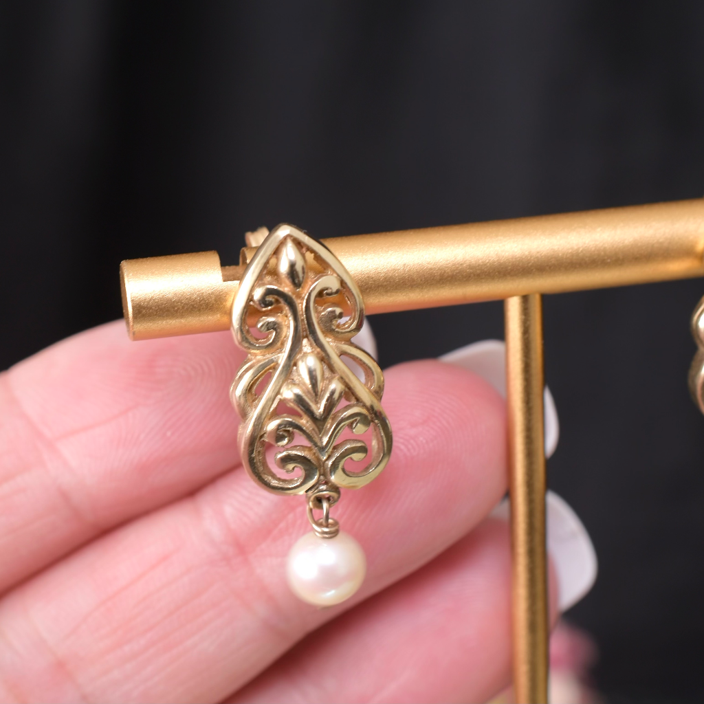 Modern 9ct Yellow Gold And Pearl Earrings