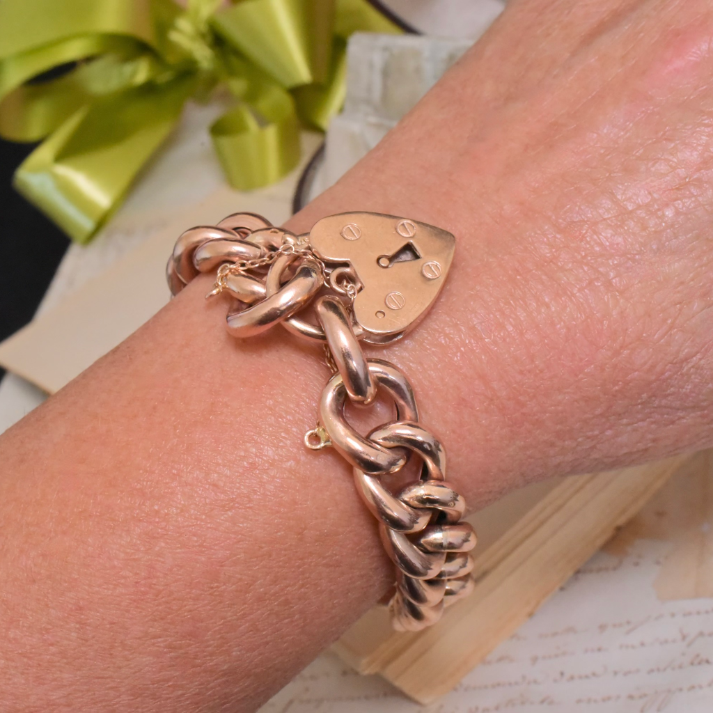 Vintage Heavy 9ct Rose Gold Heart Padlock Curb-Link Bracelet - 52 Grams