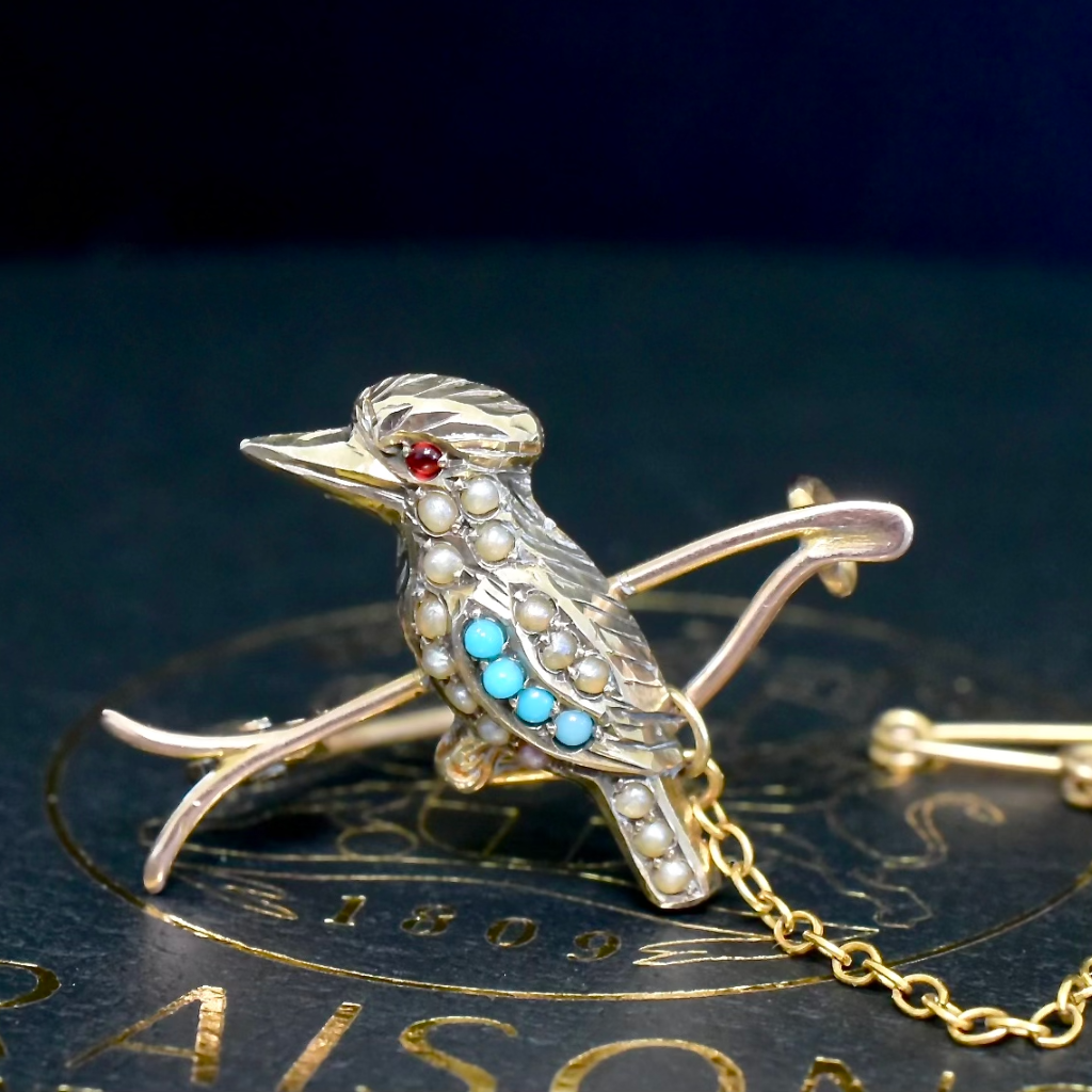 Antique Australian 9ct Rose Gold Kookaburra Brooch By Duggin And Shappere Circa 1910