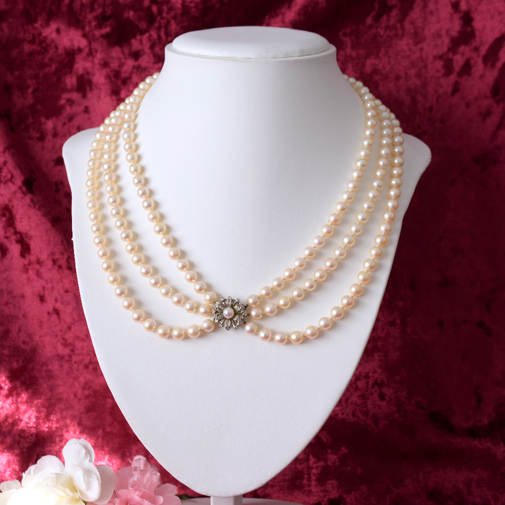 Vintage 18ct White Gold And Diamond Three Strand Cultured Pearl Necklace