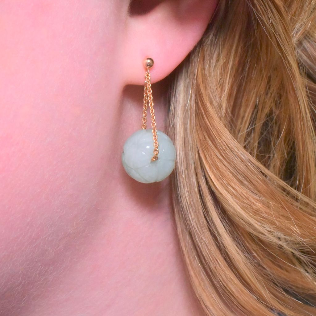 Estate 18ct Rose Gold Carved Jadeite Sphere Earrings