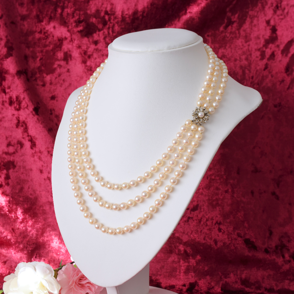 Vintage 18ct White Gold And Diamond Three Strand Cultured Pearl Necklace