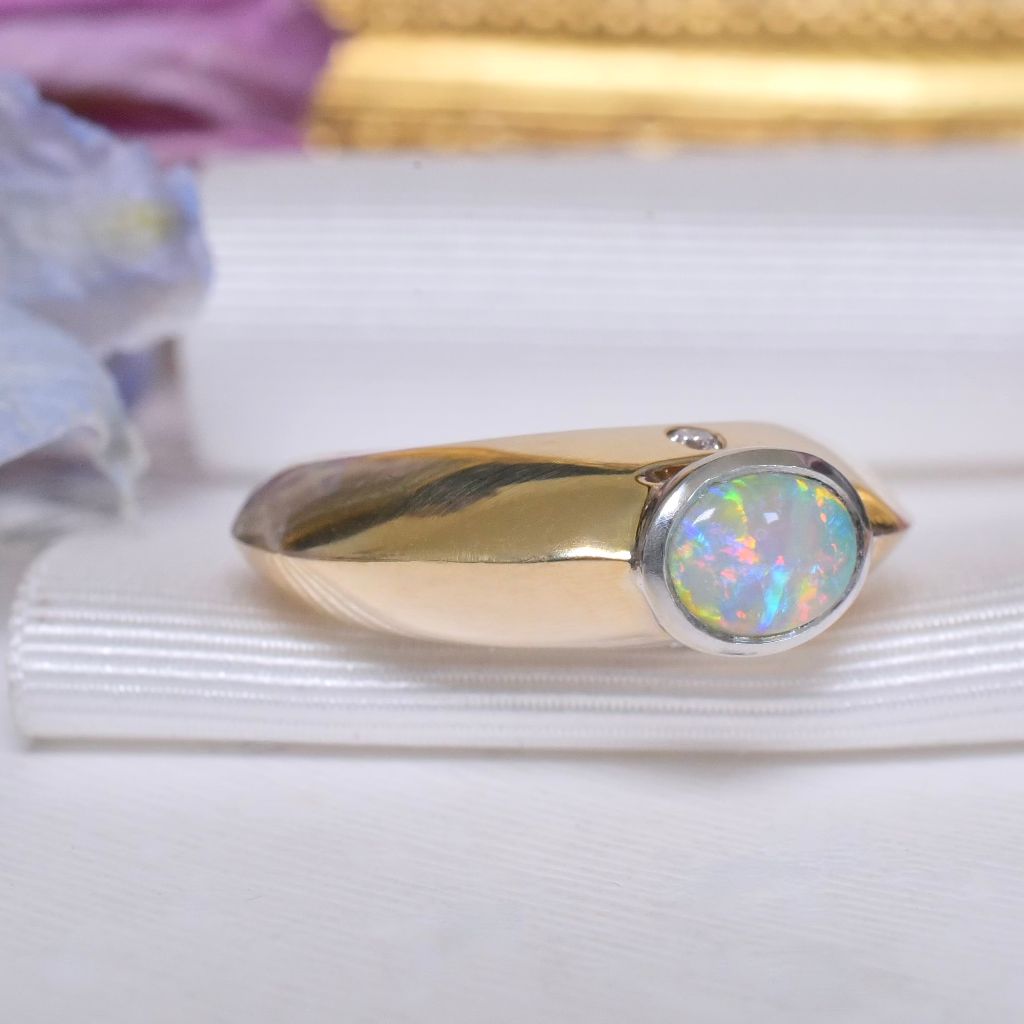 Contemporary 9ct Yellow Gold solid Opal And Diamond Ring