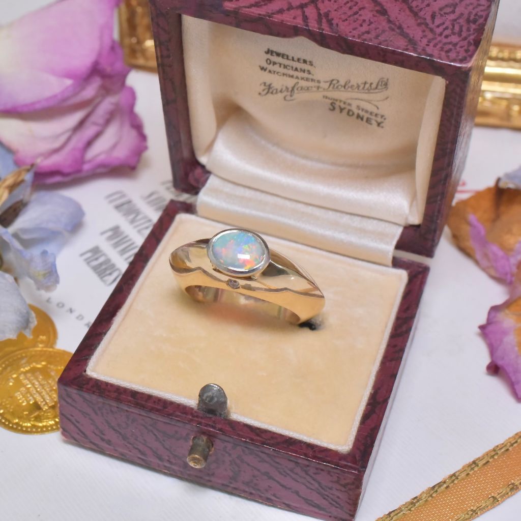 Contemporary 9ct Yellow Gold solid Opal And Diamond Ring