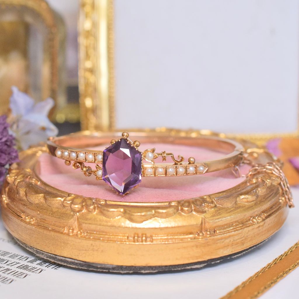 Antique Australian 15ct Rose Gold Amethyst And Seed Pearl Bangle - Thomas Gaunt, Melbourne Circa 1915