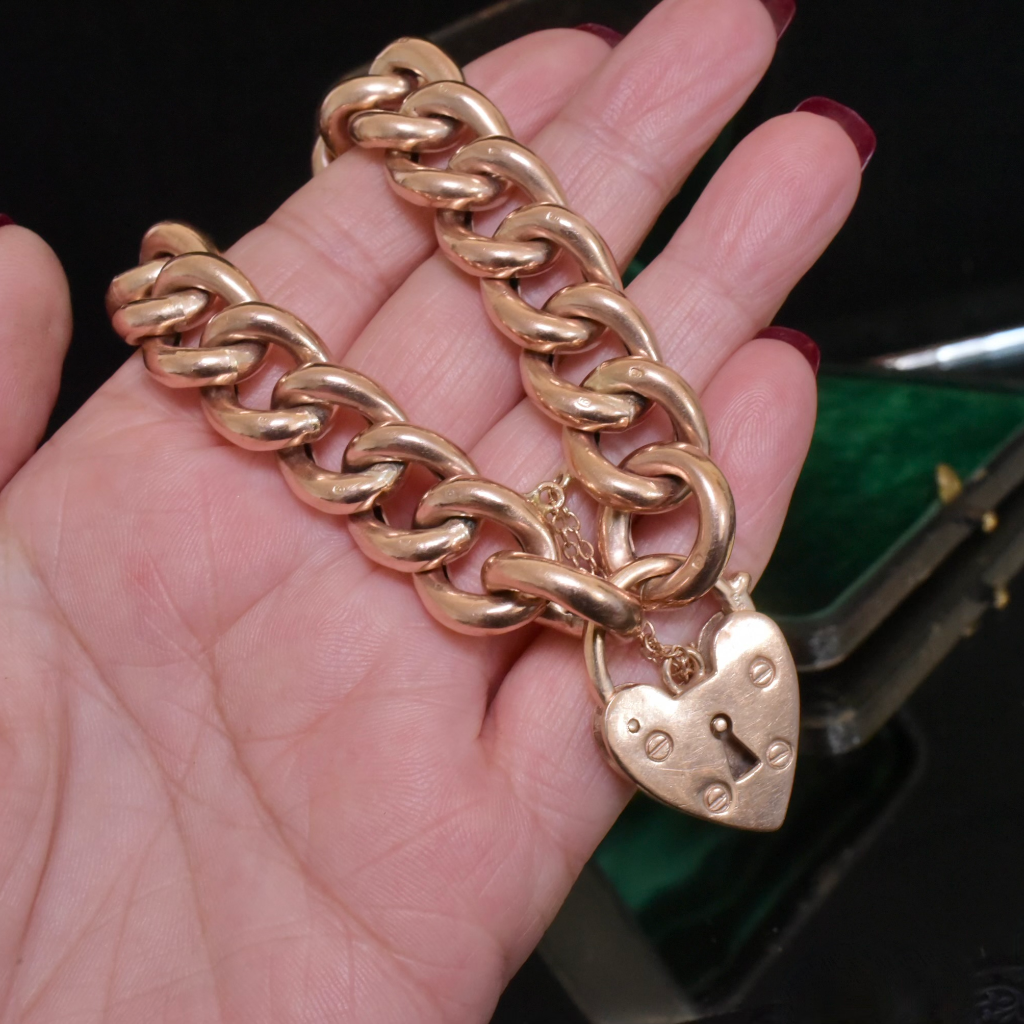 Vintage Heavy 9ct Rose Gold Heart Padlock Curb-Link Bracelet - 52 Grams