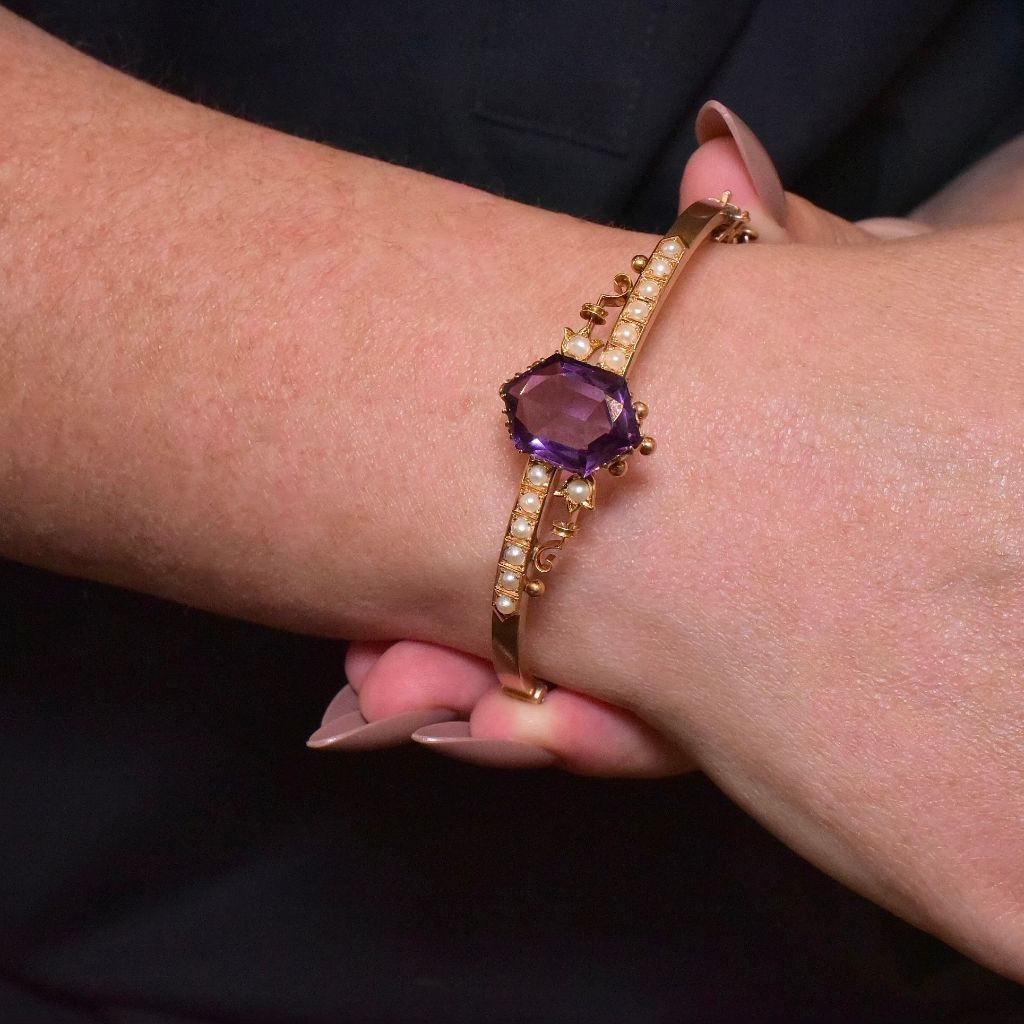 Antique Australian 15ct Rose Gold Amethyst And Seed Pearl Bangle - Thomas Gaunt, Melbourne Circa 1915