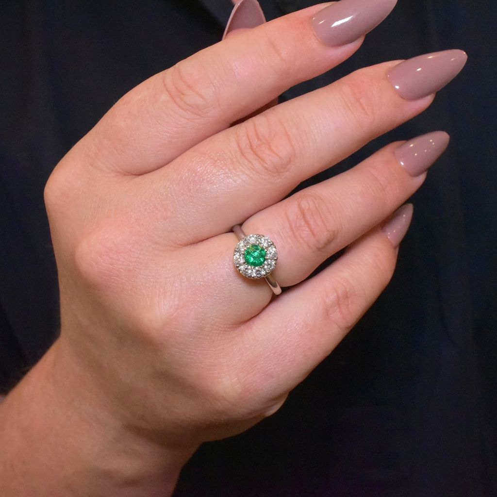 Superb Australian Solid Platinum Emerald And Diamond Halo Daisy Ring By Paul Bram - Melbourne