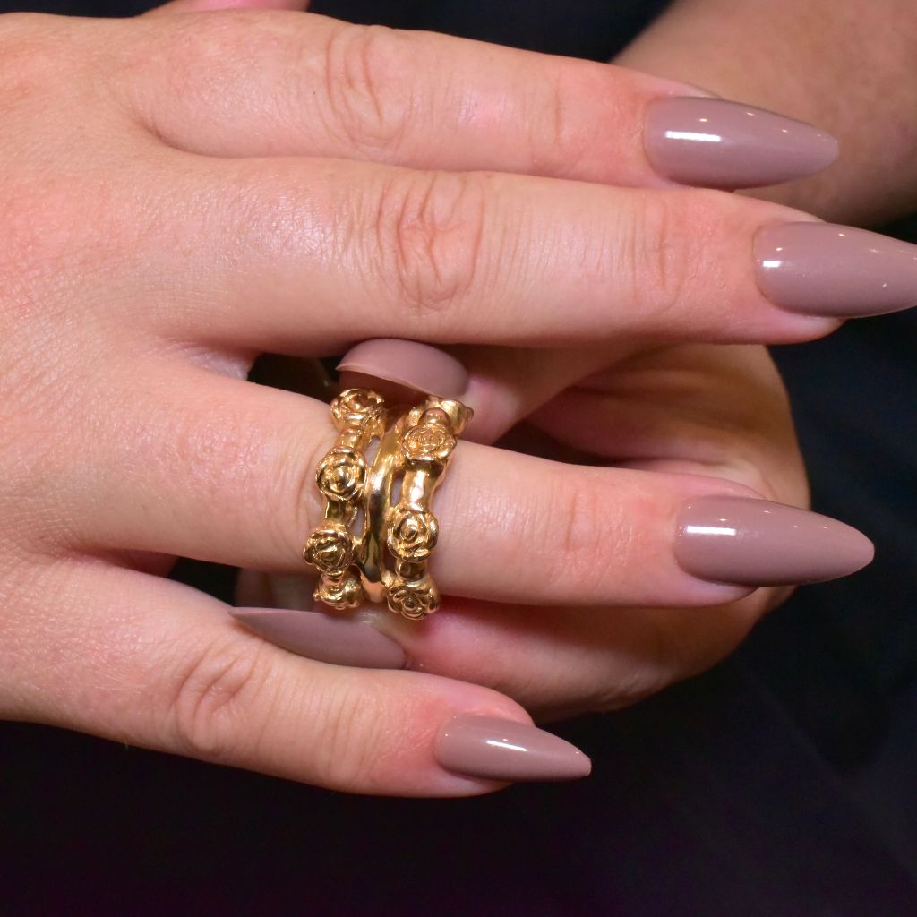 Vintage Italian 14ct Yellow Gold Double Row Floral Ring