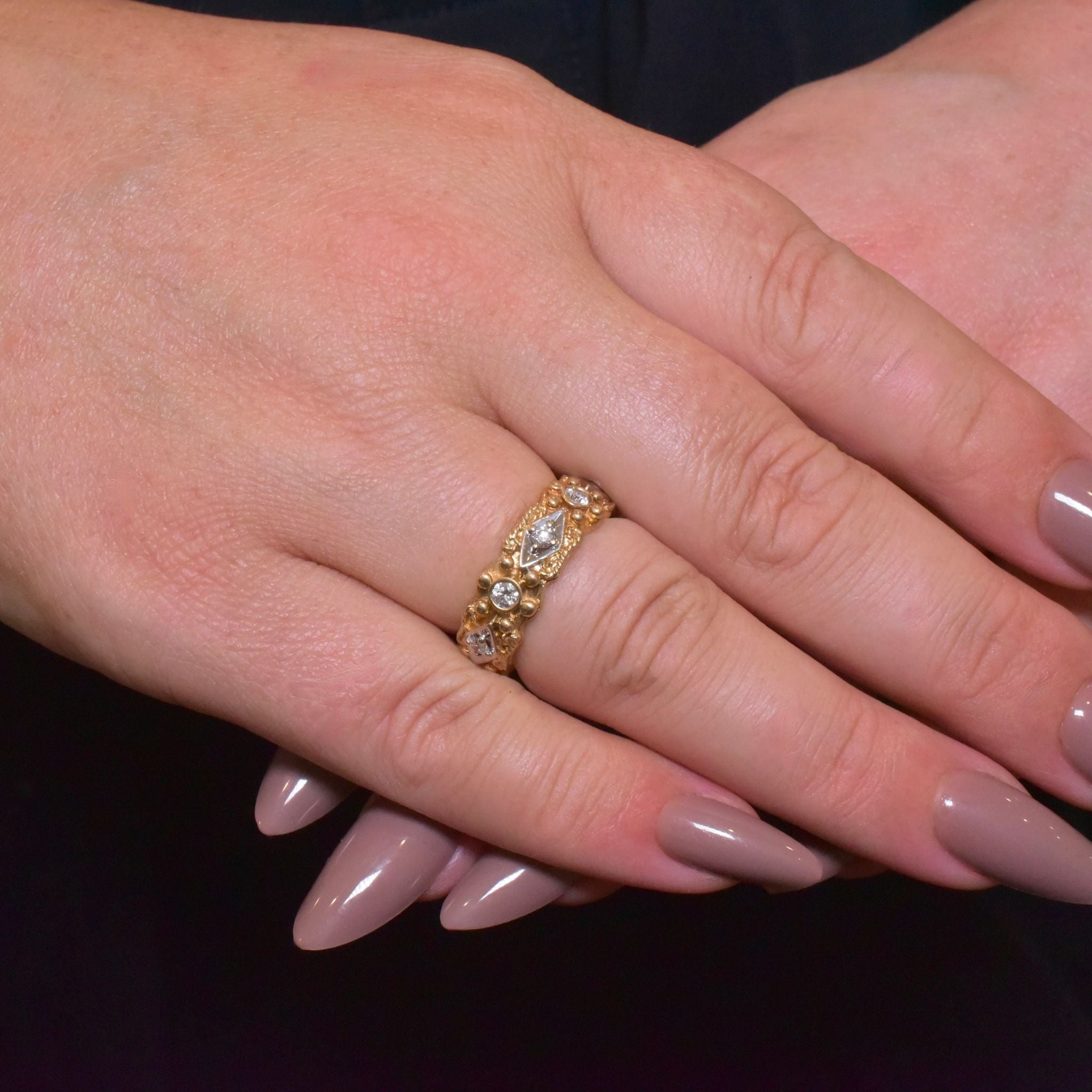 Modern 14ct Yellow Gold And Five Diamond Ornate Near Full Hoop Ring By Morris & David - New York