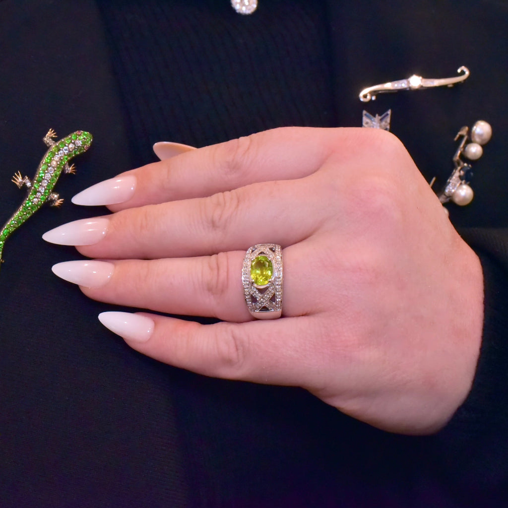 Contemporary 9ct White Gold Peridot And Diamond Ring