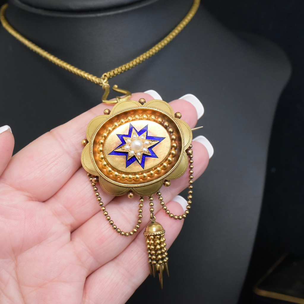 Antique Victorian Etruscan Revival 15ct Yellow Gold Pearl And Enamel Pendant/Brooch/Locket Circa 1880