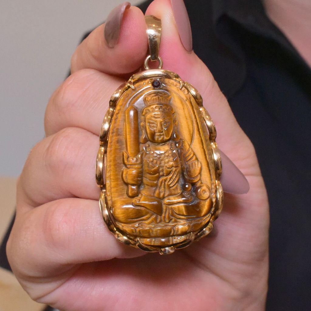 Fabulous Vintage 14ct Yellow Gold Tiger Eye ‘Buddha’ Pendant - 24 Grams