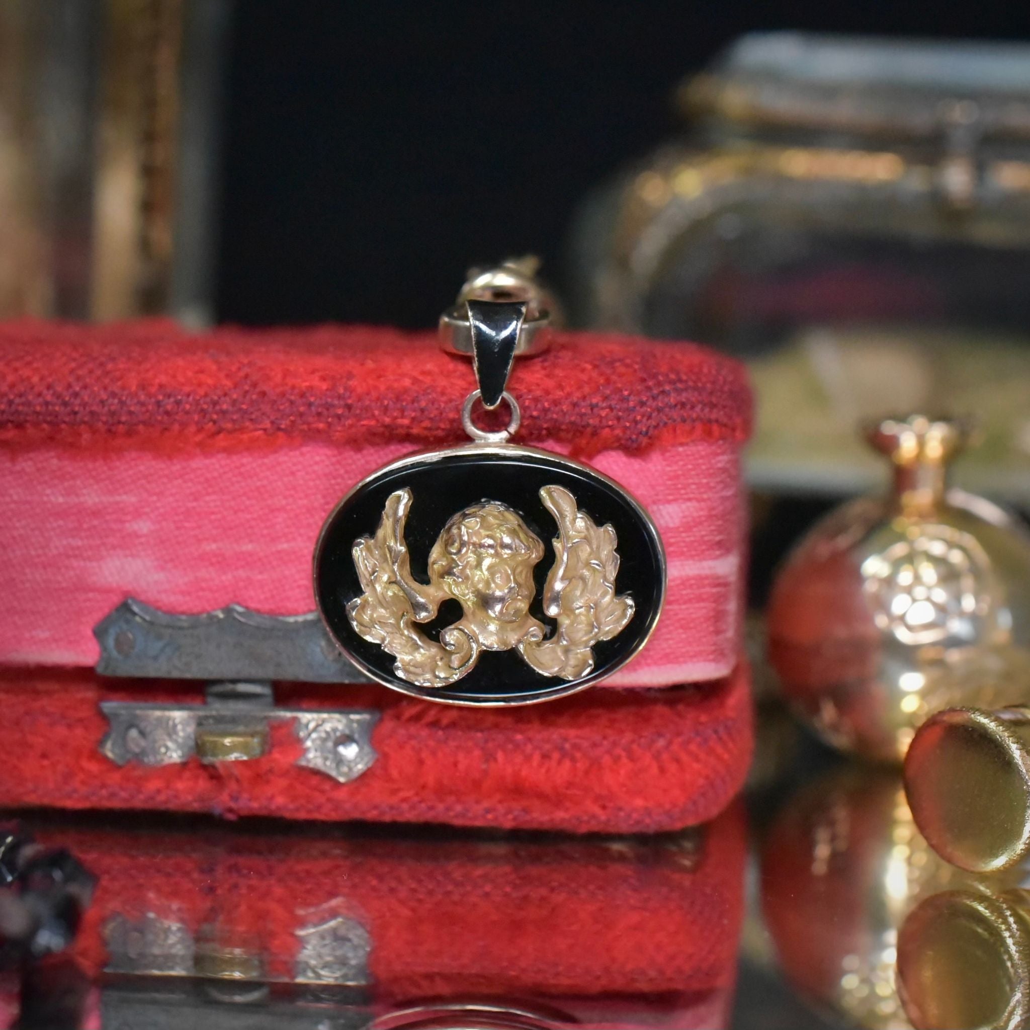 Antique Victorian 15ct Rose Gold And Onyx ‘Winged Cherub’ Pendant Circa 1890