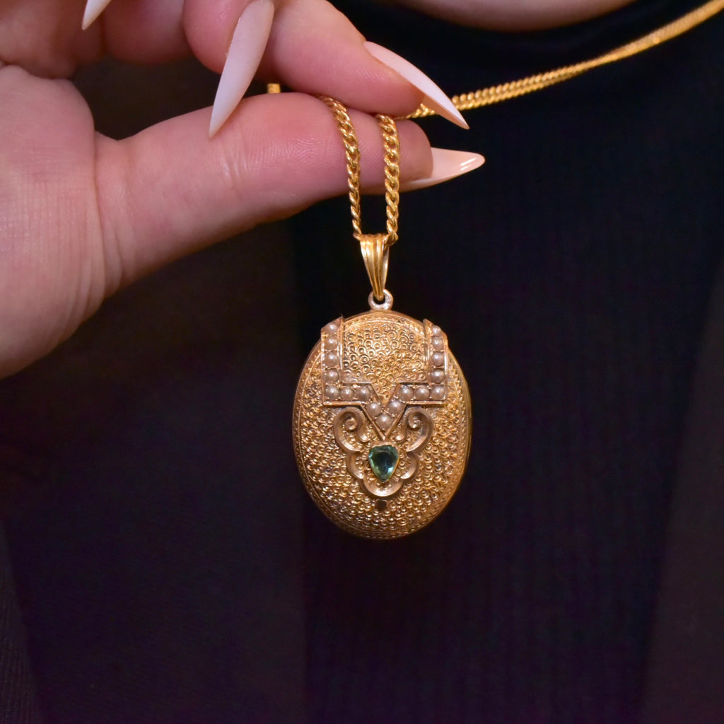 Antique Victorian 12ct Gold Emerald And Seed Pearl Locket Circa 1870’s Included in purchase a Valuation from 2009 for $4000 AUD