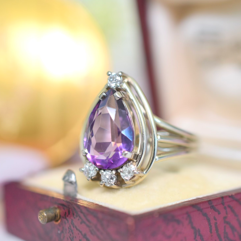 Vintage 18ct White Gold Amethyst And Diamond Cocktail Ring