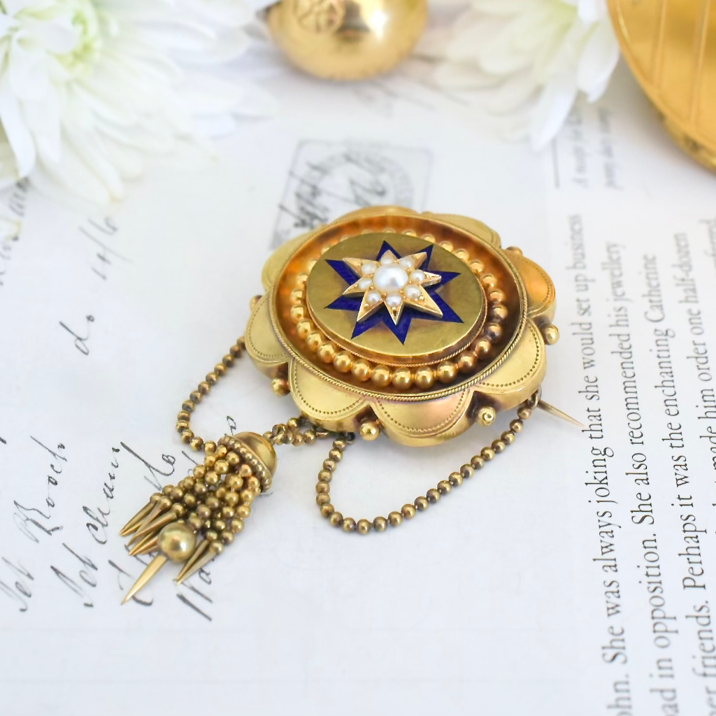 Antique Victorian Etruscan Revival 15ct Yellow Gold Pearl And Enamel Pendant/Brooch/Locket Circa 1880