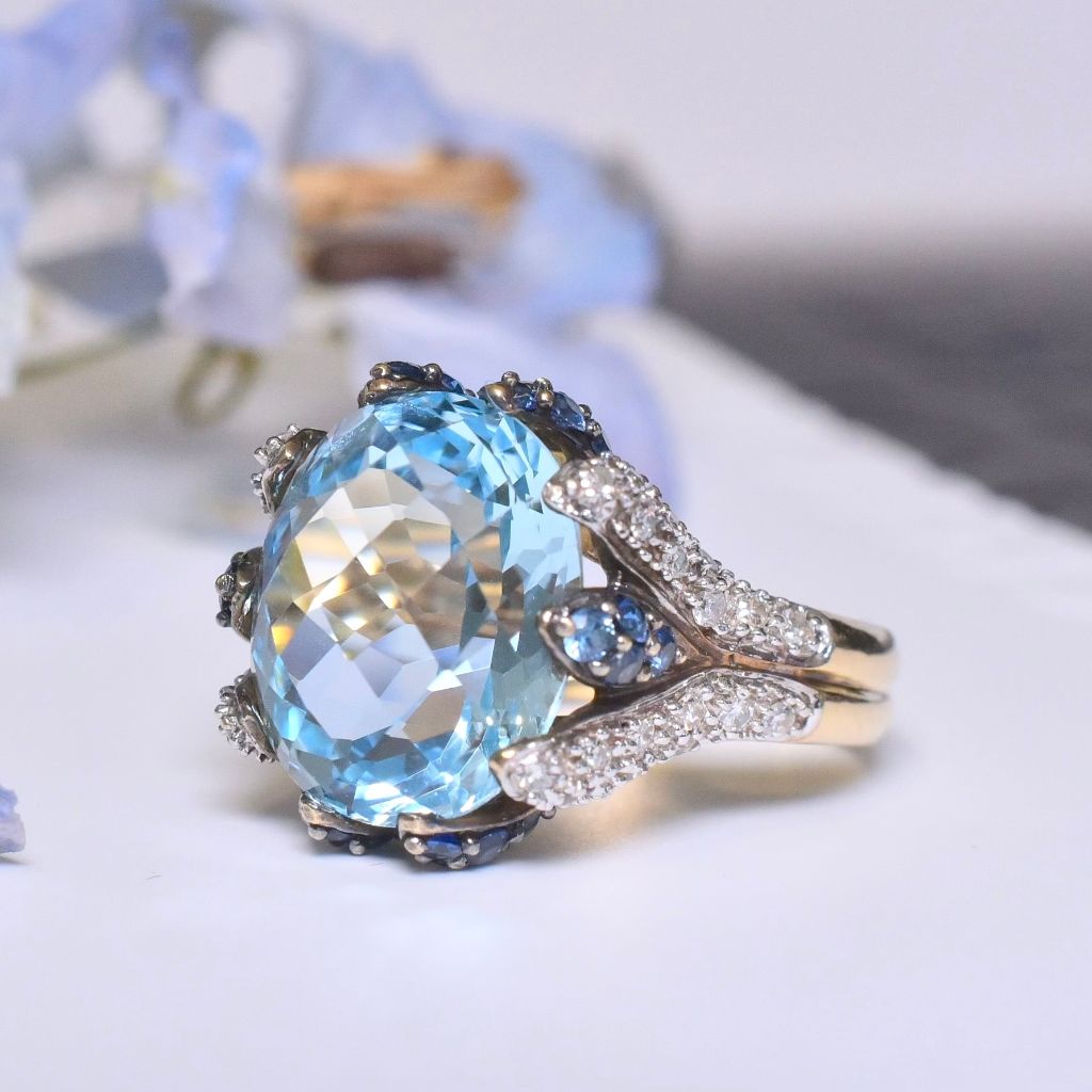 Contemporary 9ct Yellow Gold Floral, Topaz, Sapphire And Diamond Ring