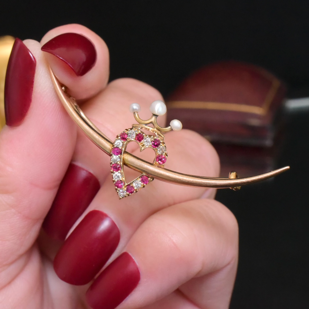 Antique Victorian 9ct Rose Gold Diamond And Ruby And Pearl ‘Crowned Heart’ Brooch Circa 1890-1900