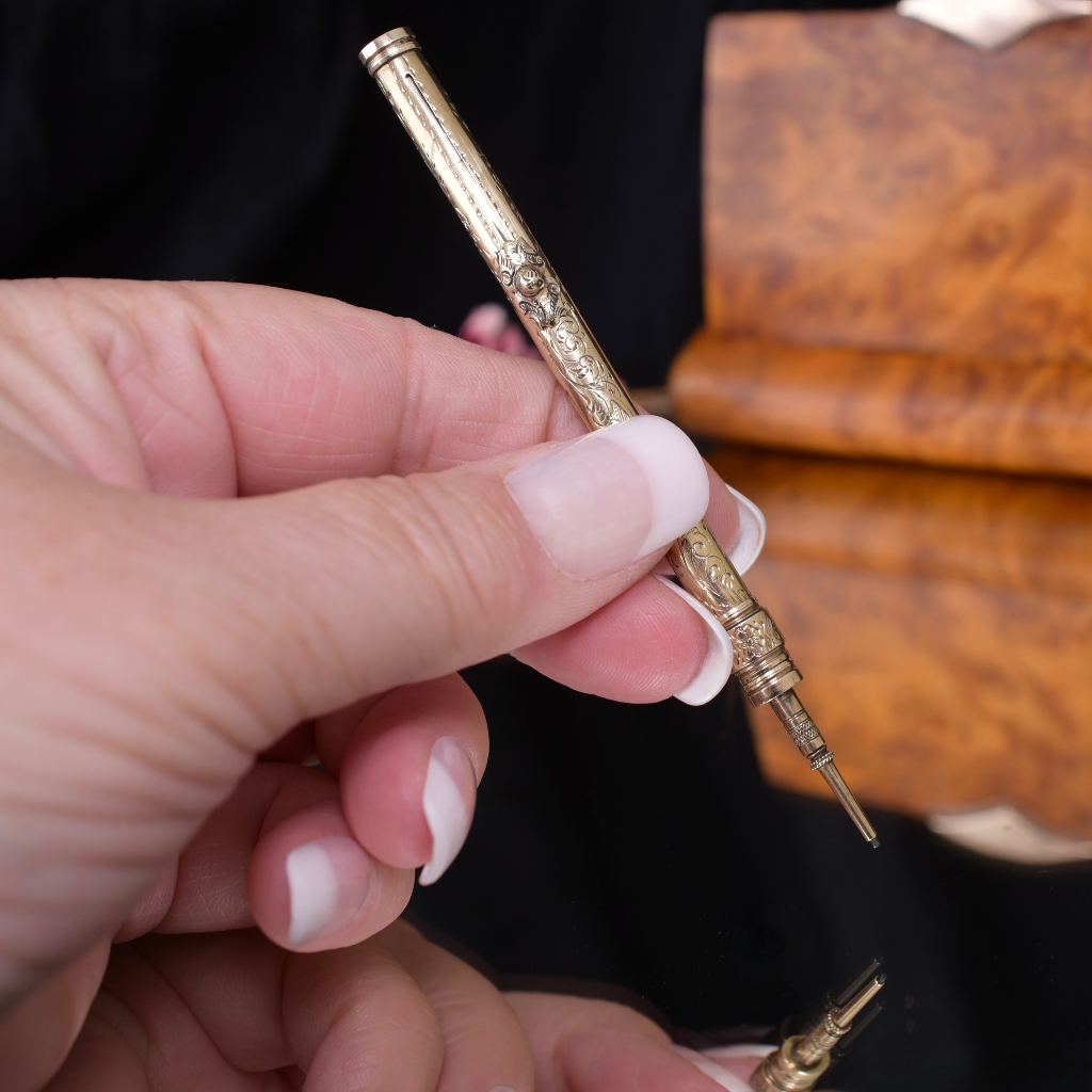 Antique Victorian 9ct Gold Cased Triple Propelling Nib Pen, Pencil And Tooth Pick Circa 1880