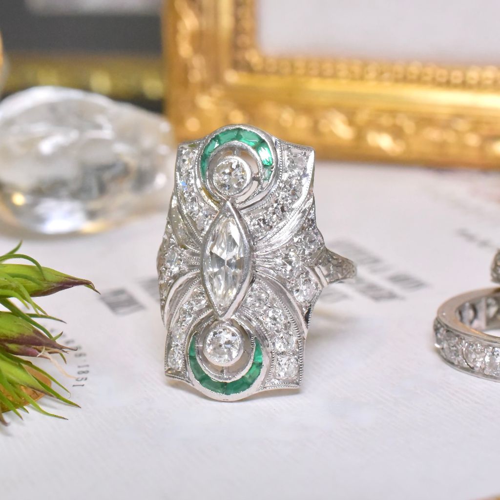 Antique Art Deco Solid Platinum Diamond And Emerald Dinner Ring - 1.45ct Circa 1920-1925